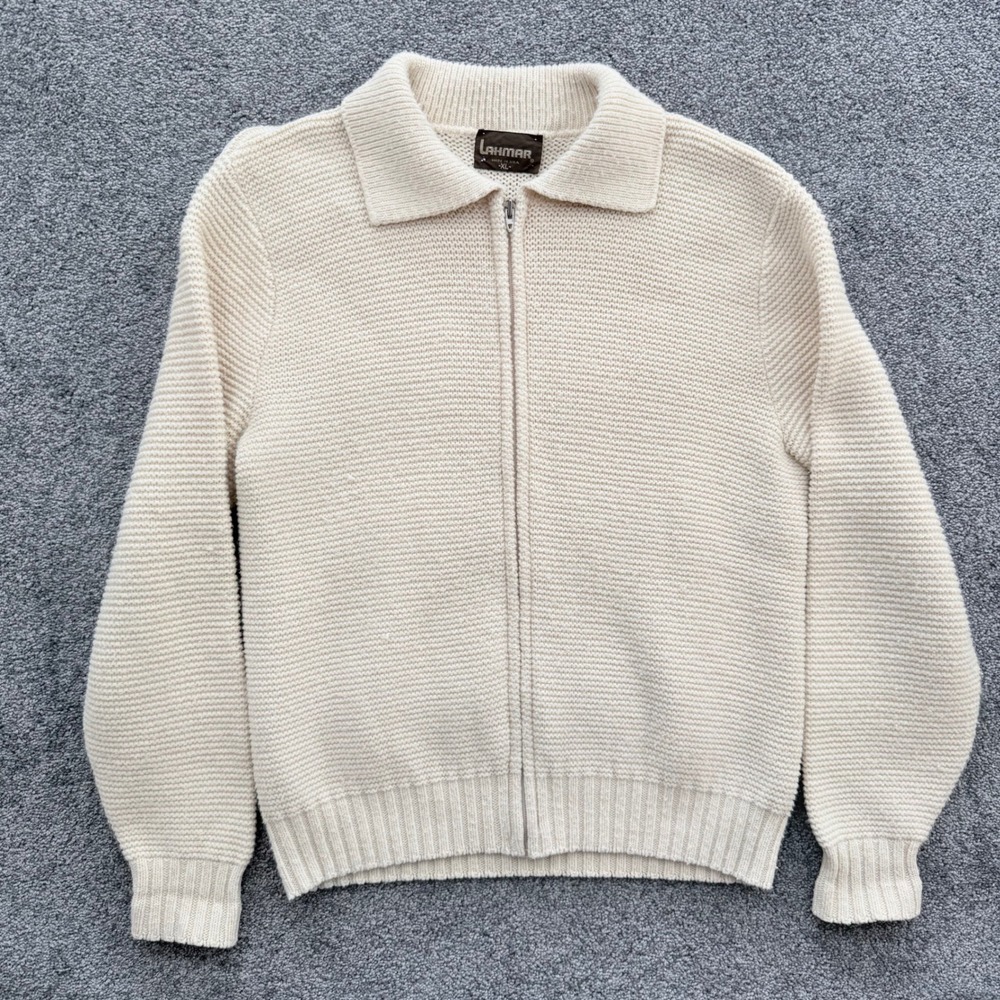Vintage Lahmar Mens XL Full Zip Cardigan Sweater Cream Knit Made in USA Classic